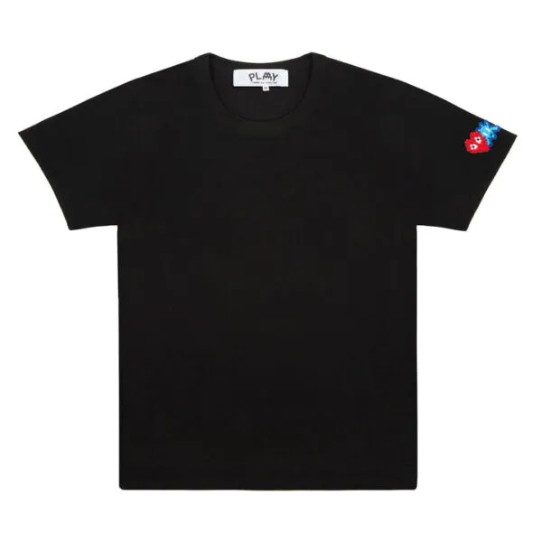 CDG RED AND BLUE SLEEVE EMBLEM BLACK SHIRT